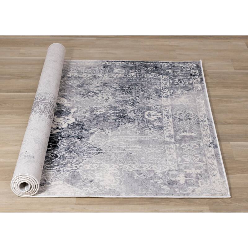 Sheffield Collection - Blue/Grey/Cream Distressed Border Rug