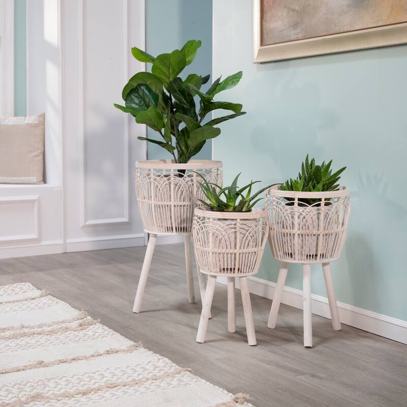 Sagebrook Home Neutral Boho Wicker Planter Stand Set, Versatile Indoor Garden Decor