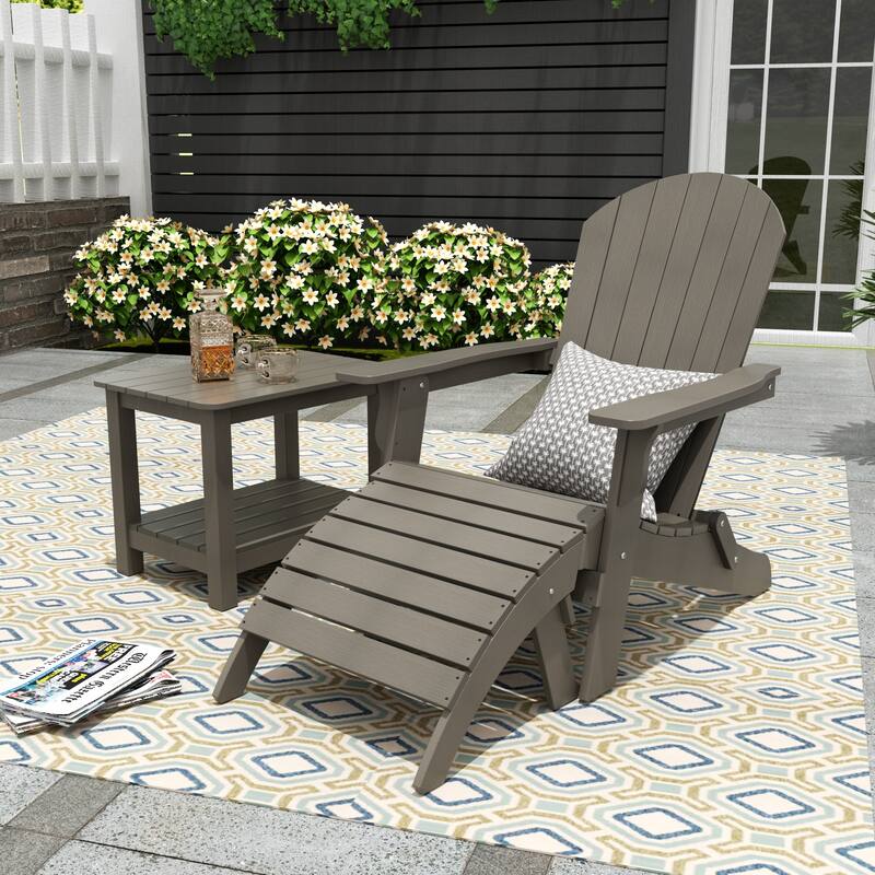 Vineyard HIPS Outdoor Folding Eco-Friendly Seashell Adirondack Chair with Ottoman & Side Table (3-Piece Set) - Charcoal Gray