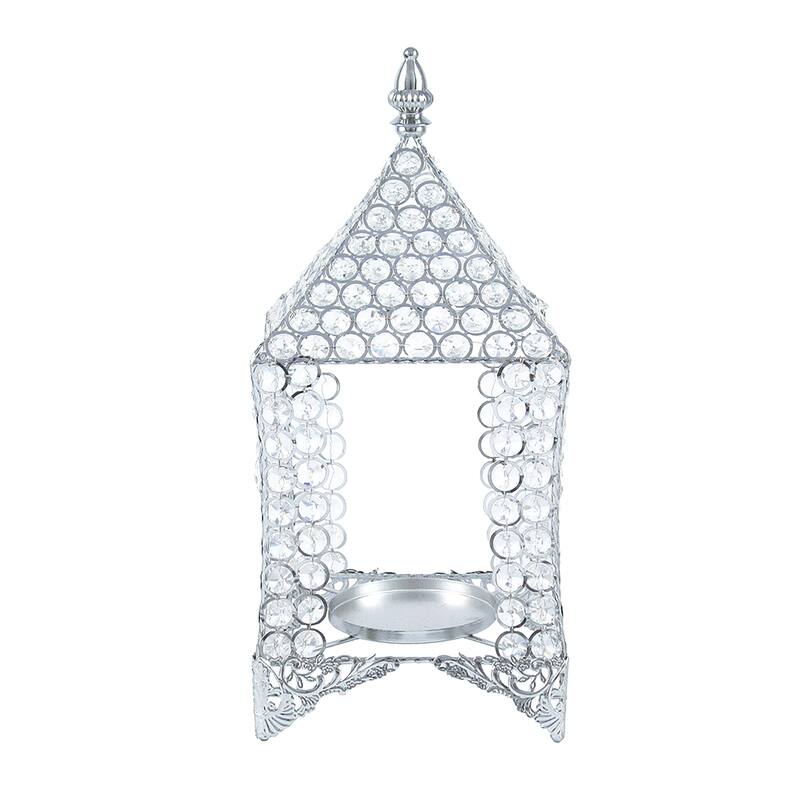 Silver Crystal Bead Gazebo Lantern Candle Holder Centerpiece - 16" H x 7" W x 7" DP