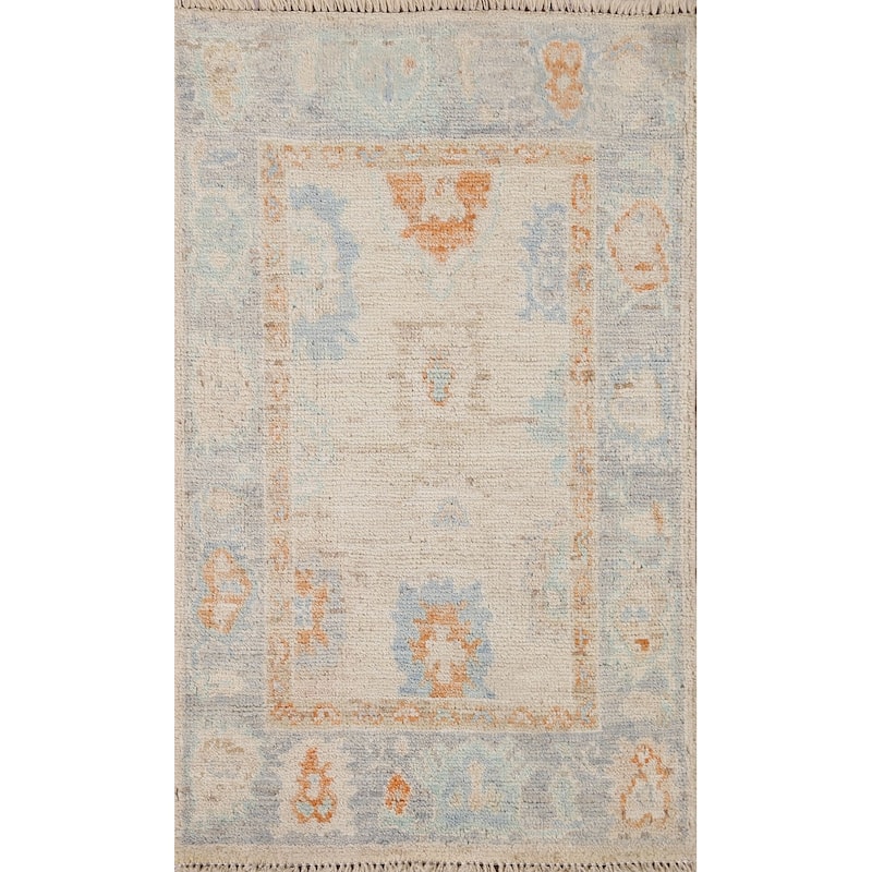 Hand Knotted Oriental 100% Wool Carpet Transitional Geometric Beige & Ivories Oushak Area Rug - 2' 11'' X 1' 10''