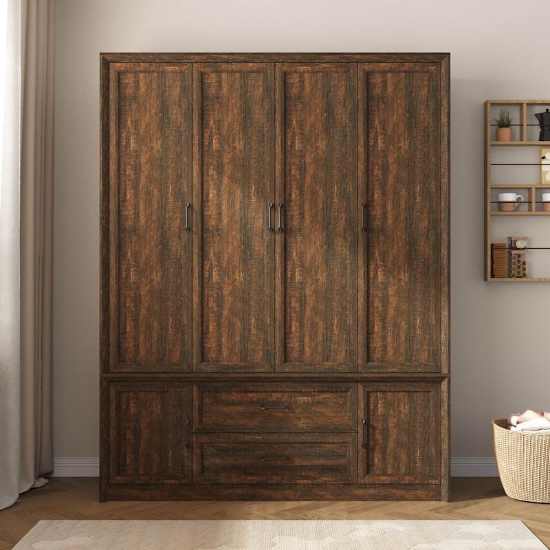 6 Doors Wardrobe Closet Armoire with Hanging Rail White/Brown Large Cabinet - Dark Brown