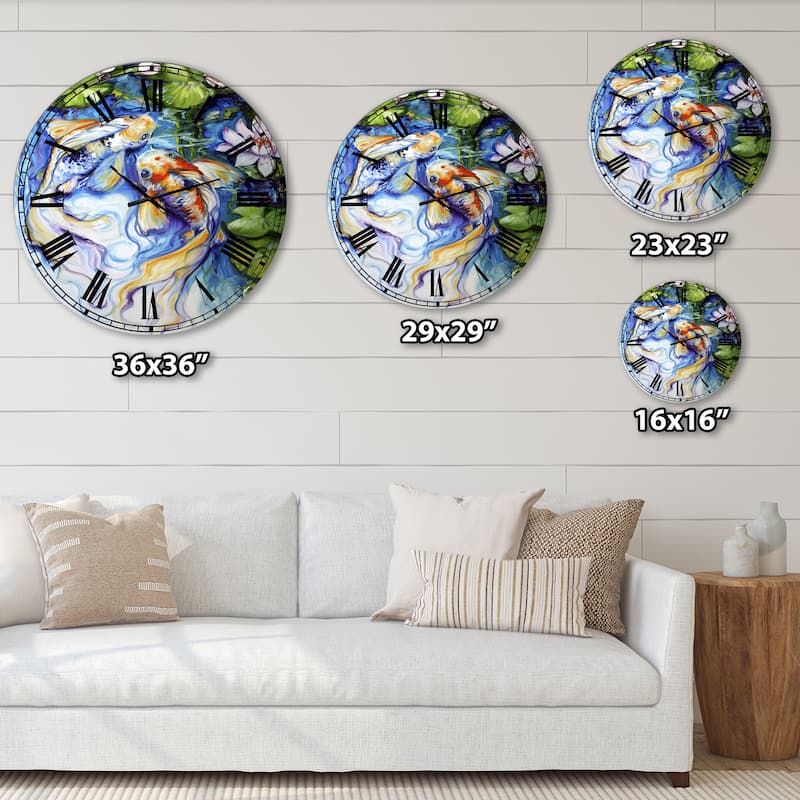 Designart 'Koi Koi And Lily' Large Nautical & Coastal Wall Clock