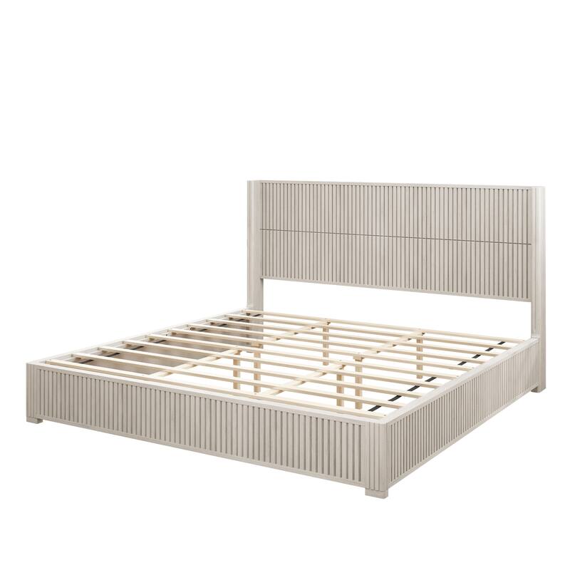 GDFStudio - Modern Solid Wood Low-Profile Platform Bed Frame with Fluted Headboard, Heavy-Duty Support & No Box Spring Needed