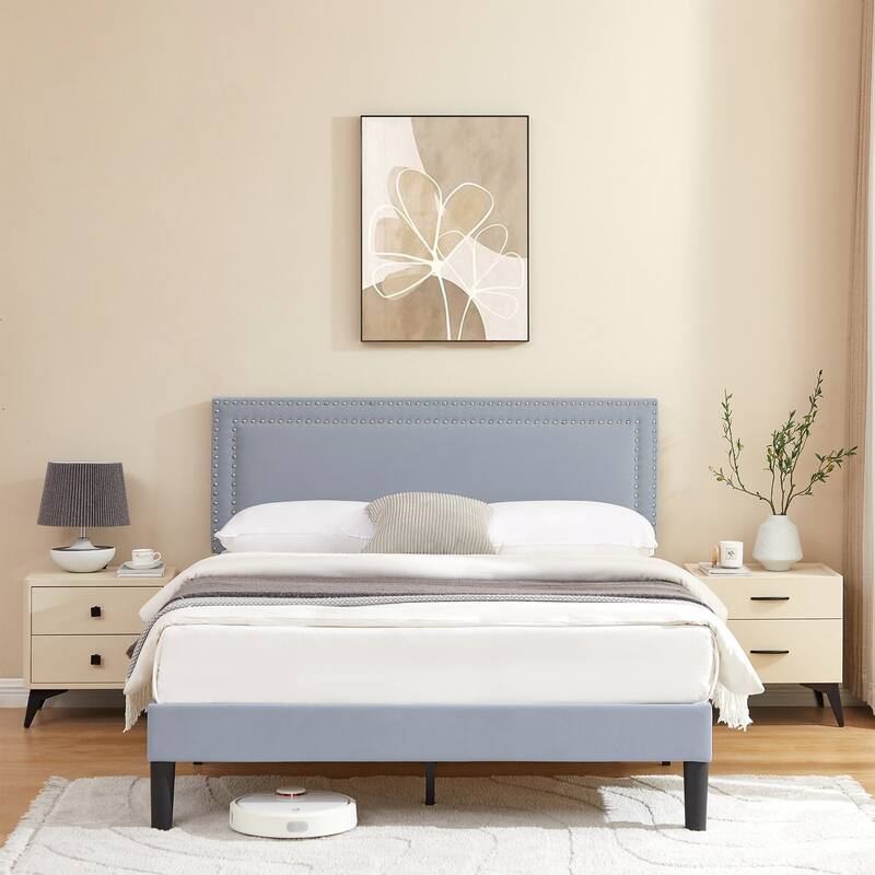 Upholstered Platform Bed Frame with Adjustable Headboard, Velvet Nailhead Trim, No Box Spring Needed - Light Grey - Full