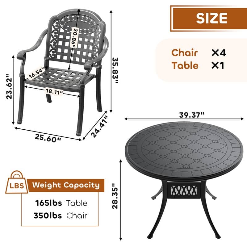 5-Pc Aluminum Patio Set , 4 x Armchairs with Blue Cushions with Round Table