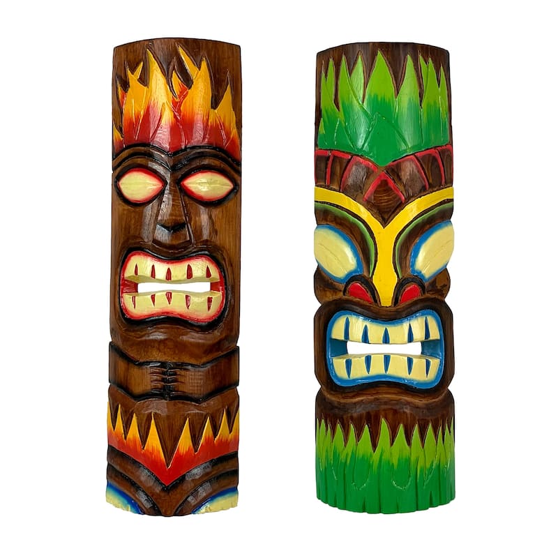 20 Inch Fire & Earth Carved Wood Tiki Totem Wall Dcor Masks (Set Of 2)