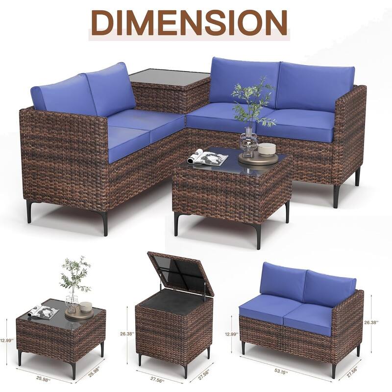 4-Piece Patio Sectional Sofa Set with Coffee Table and Storage Box