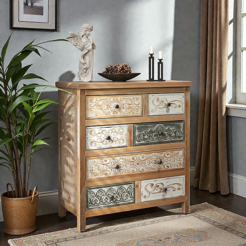 Vintage Wooden Accent Chest with 6 Drawers, Rustic Multicolor Carved Dresser for Bedroom, Living Room and Farmhouse Decor - Colorful Vintage Wooden Accent Chest with 6 Drawers, Rustic Multicolor Carved Dresser for Bedroom, Living Room and Farmhouse Decor - Colorful