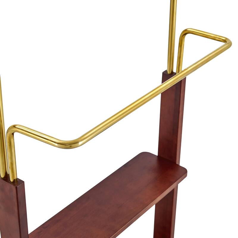 Roomfitters Double-Layer Coat Rack with Golden Frame, Solid Wood Shelf and Hat Stand for Entryway Storage, Gold+Walnut