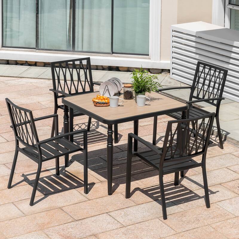 Patio Square Dining Table with Umbrella Hole, Wood-Grain Tabletop