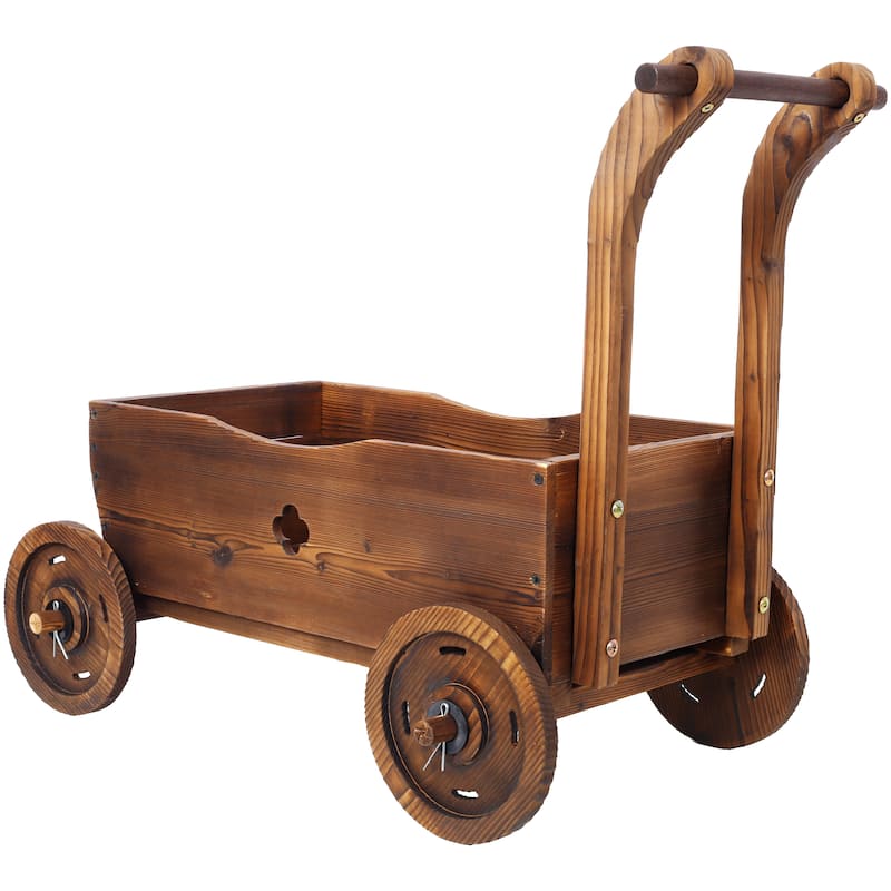 41.4 in. Brown Wood Wagon Outdoor Flower Planter Pot with Wheels for Garden Decor