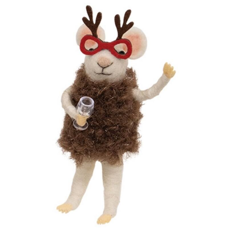 Reindeer Glasses Mouse Felted Ornament for Christmas Tree Decor - 5.5" x 3" x 2.25" - White/Brown