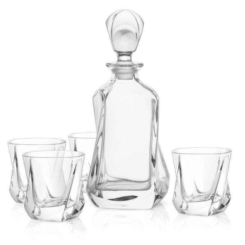 JoyJolt Aurora Non-Leaded Crystal 5 Piece Whiskey Decanter Set, Scotch Decanter with 4 Old Fashioned Glasses
