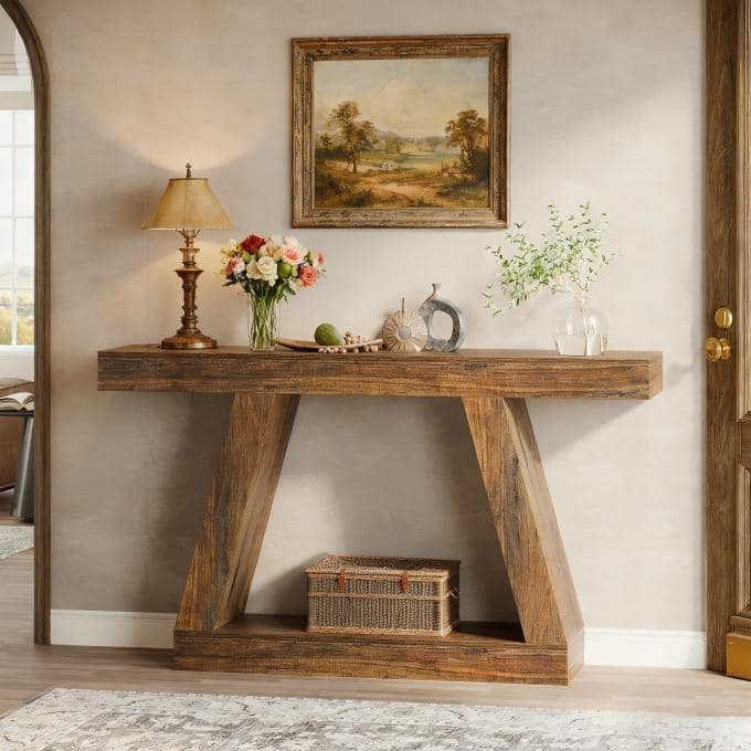 55-Inch Farmhouse Console Table, Rustic Sofa Table with Storage, Industrial Wooden Entryway Table for Hallway, Living Room