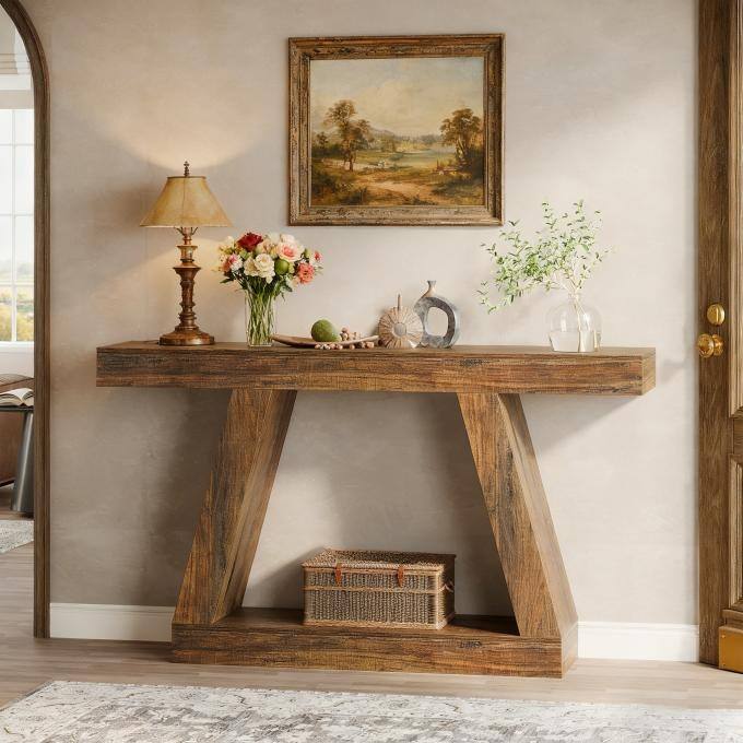 55-Inch Farmhouse Console Table, Rustic Sofa Table with Storage, Industrial Wooden Entryway Table for Hallway, Living Room - Dark Brown