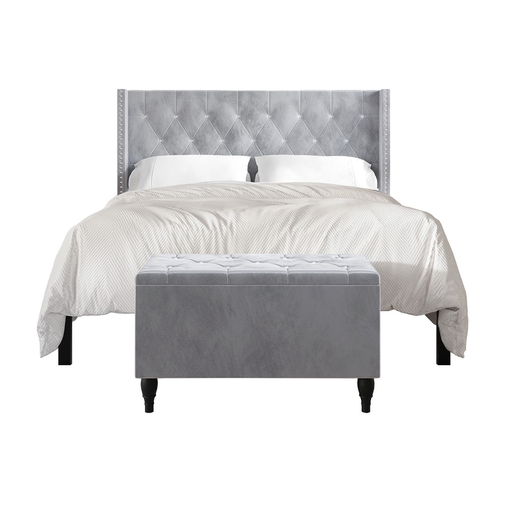 CraftPorch 2 Piece Bedroom Bench Set Velvet Wingback Upholstered Bed