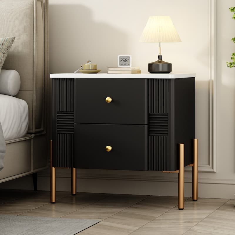 Modern Nightstand with 2 Storage Drawer and Golden Metal Handles for Living Room - Black
