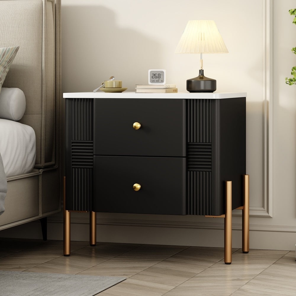 Modern Nightstand with 2 Storage Drawer and Golden Metal Handles for Living Room
