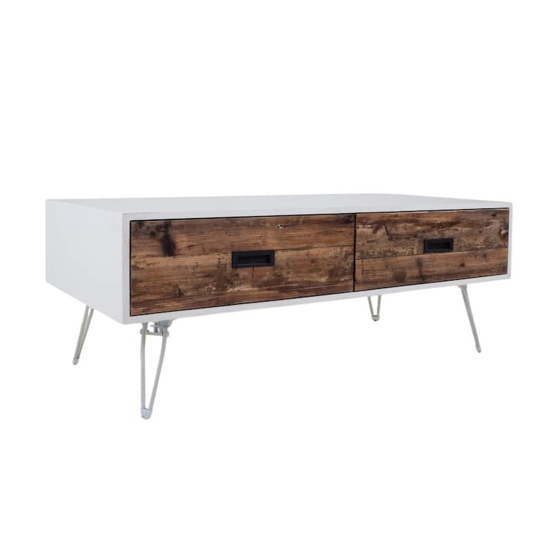 HomeRoots 48" Brown And White Wood And Metal Coffee Table With Two Drawers - 48' X '18' X '23