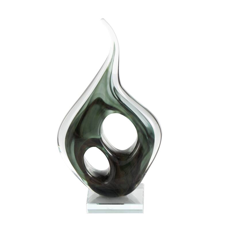 Green Glass Curved Cutout Abstract Decorative Sculpture with Swirl Patterns