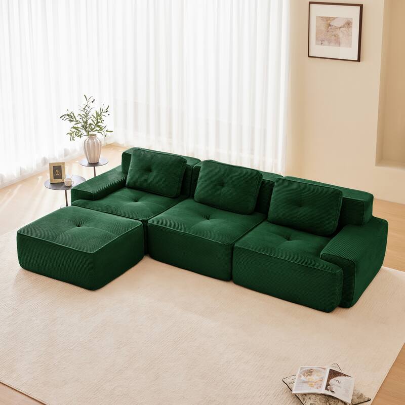 117" Modern L-Shaped Modular Sectional Sofa for Living Room, Corduroy Fabric,3-Seater Couch with Deep Seat and Movable Ottoman - Green