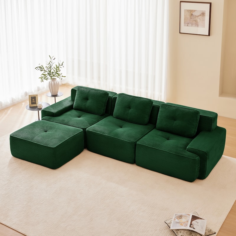 Roomfitters No Assembly Modular Sofa, 117 Inch Corduroy 3-Seater with Piping, Green