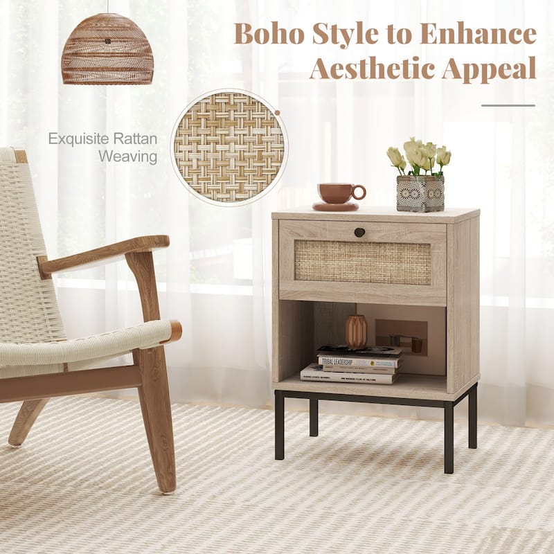 Set of 2 Rattan Nightstand End Table with Rattan Drawer and Open Shelf