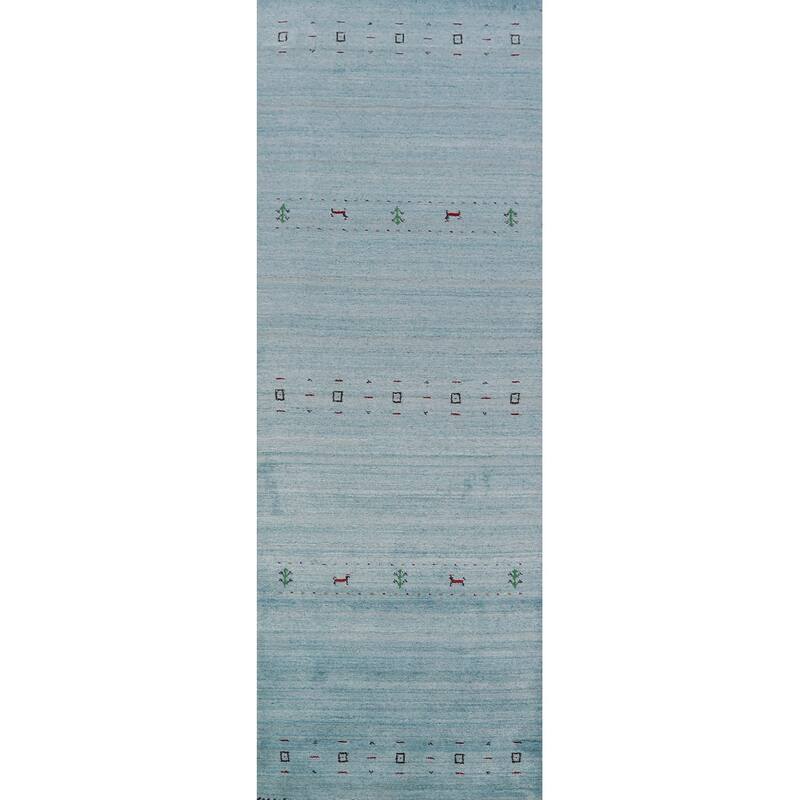 Light Blue Tribal Gabbeh Indian Runner Rug Handmade Wool Carpet - 2'7" x 10'2"
