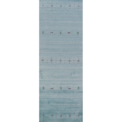 Light Blue Tribal Gabbeh Indian Runner Rug Handmade Wool Carpet - 2'7" x 10'2"