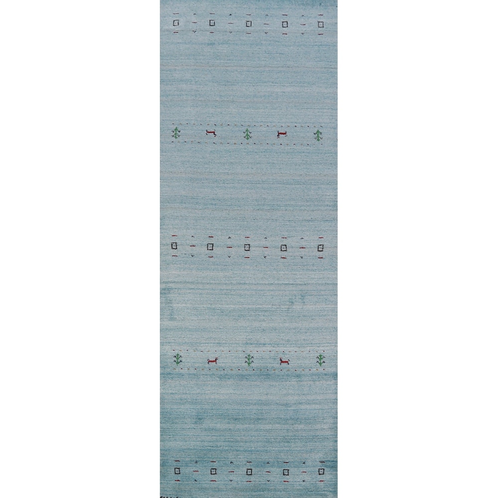 Light Blue Tribal Gabbeh Indian Runner Rug Handmade Wool Carpet - 2'7" x 10'2"