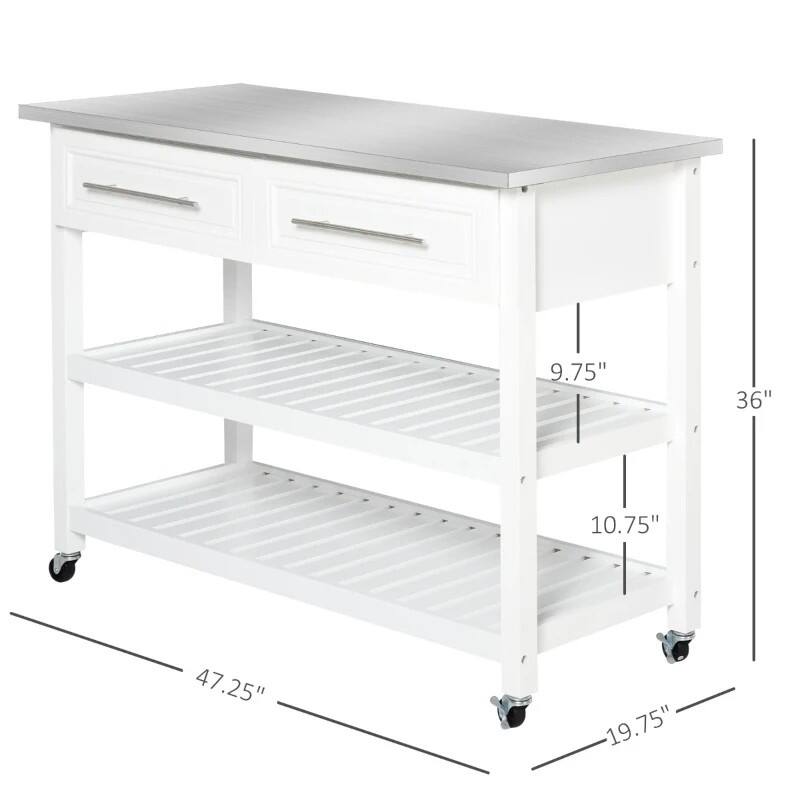 White Rolling Kitchen Island 2 Drawers Storage with Stainless Steel Top - 47.25"L x 19.75"W x 36 "H
