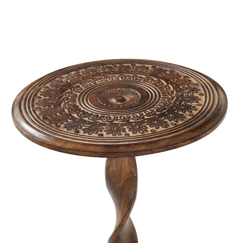 Mango Wood Floral Handmade Intricately Carved Accent Table with Spiral Leg and Elevated Base - Brown - Roche River Decor