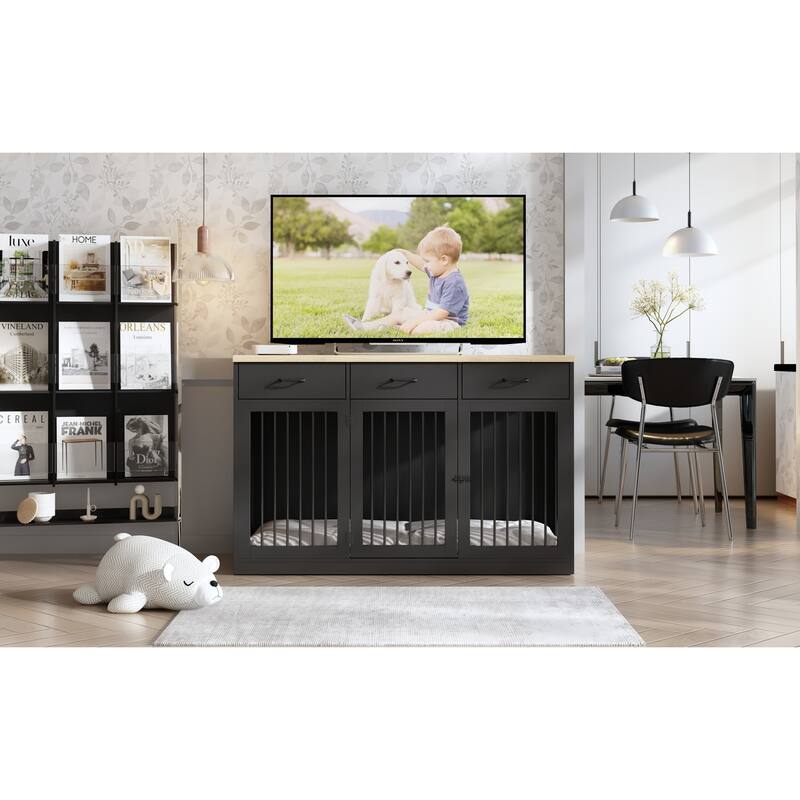 Modern Wooden Dog Crate Furniture, Pet Dog Cage with 3 Drawers