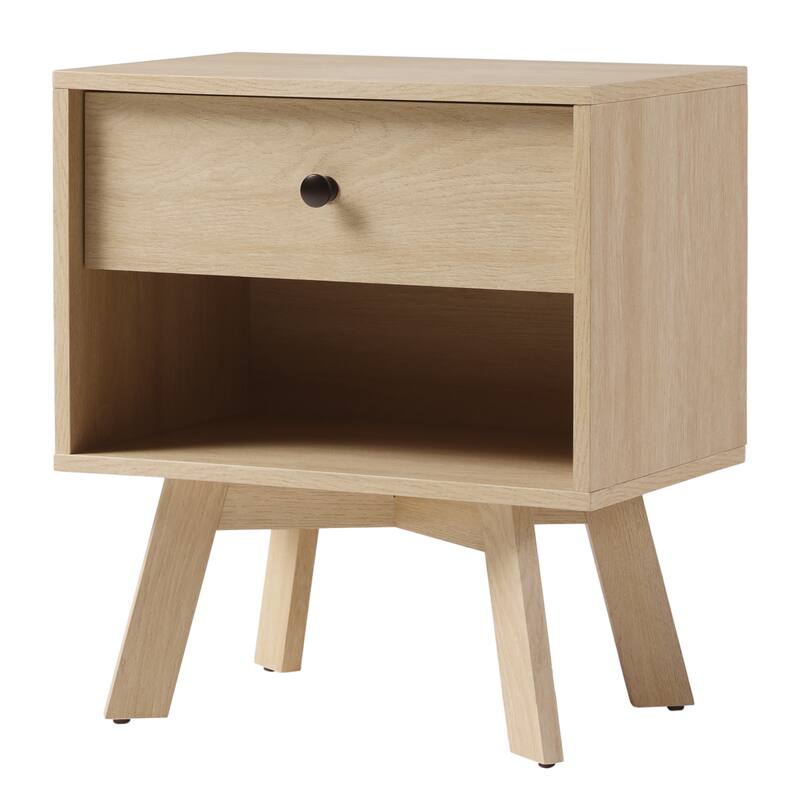 Mid-Century Modern Oak Nightstand with Drawer and Open Storage - Light Brown