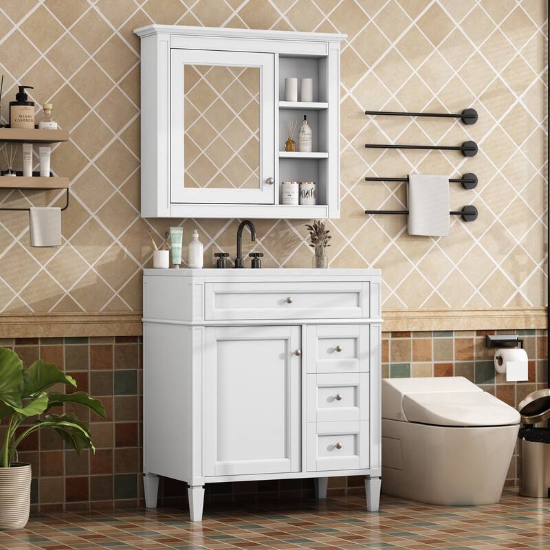 GDFStudio - Montvale Modern Freestanding Bathroom Vanity Set with Mirror Cabinet, Resin Sink & a Tip-out Drawer - 30'W