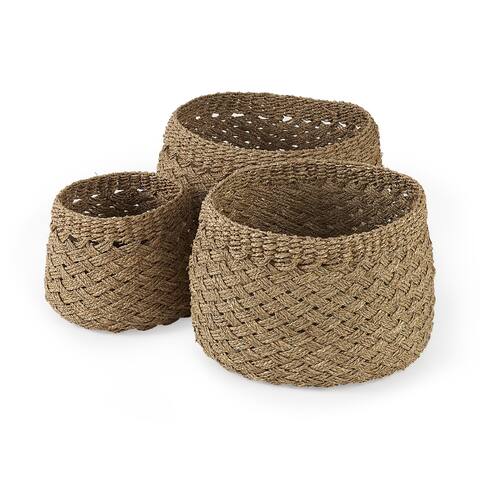 Jarek 15.0L x 15.0W x 11.8H (Set of 3) Medium Brown Seagrass Basket Cross Weave Round Basket