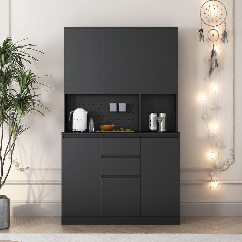 74" Freestanding Wood Kitchen Pantry Cabinet with Charging Station/3 Shelves/2 Drawers/6 Doors