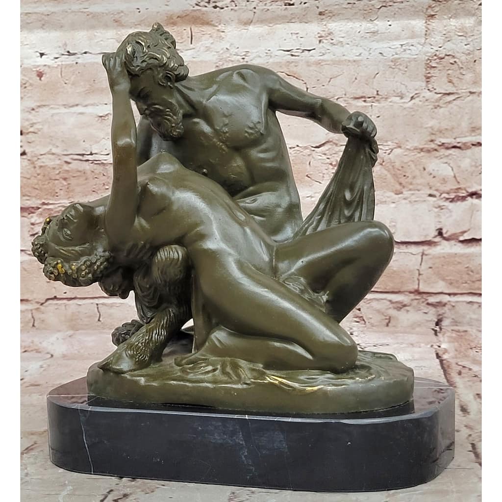 Bronze Satyr And Nymph Bacchante Romantic Sculpture On Marble Base