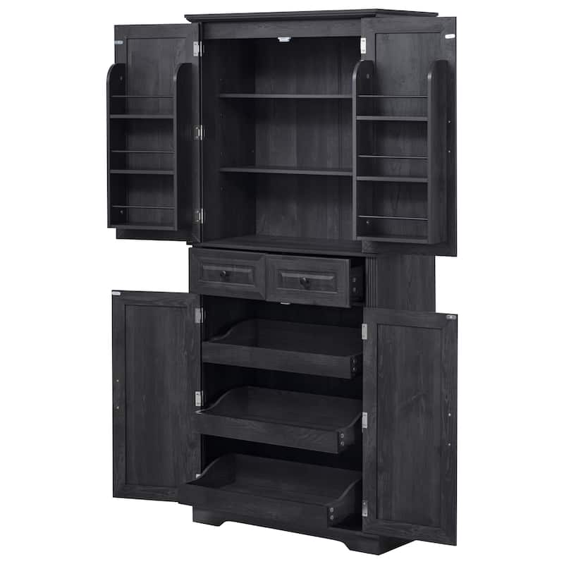 71" Tall Kitchen Pantry Cabinet with 3 Pull Out Cabinet Organizers, Farmhouse Embossed Texture Storage Cabinet