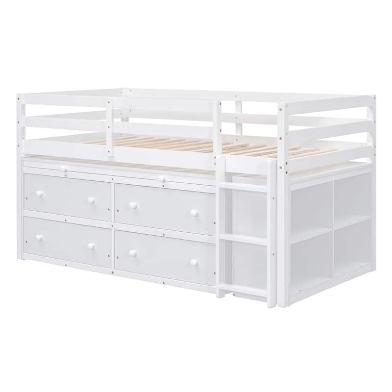 Twin Size Solid Wood Loft Bed with Retractable Desk and Drawers