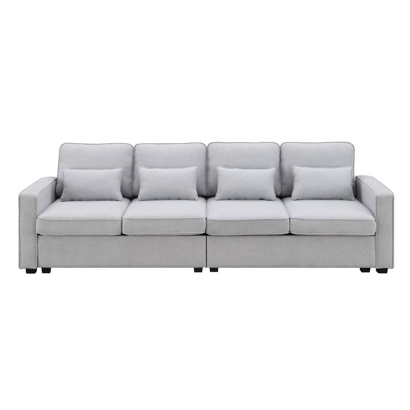 4-seater Light Grey Linen Fabric Sofa with Side Pockets & 4 Pillows, Minimalist Upholstered Living Room Sofa with Soft Armrests