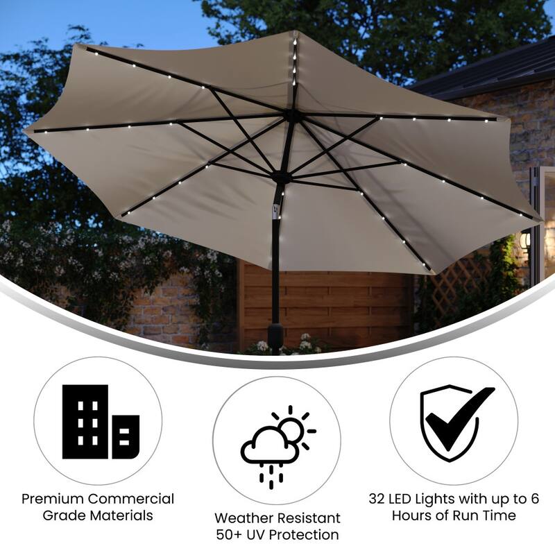 Commercial 9 FT Solar LED Light Umbrella with Crank and Tilt Functions