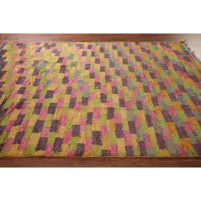 Checkered Moroccan Oriental Area Rug Hand-Knotted Wool Carpet - 6'11" x 10'4"