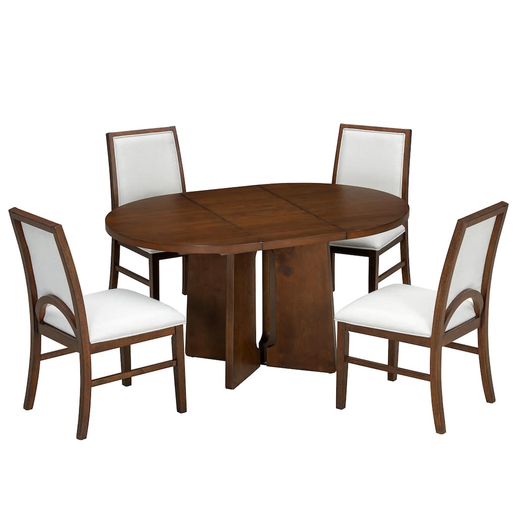 Solid Wood Extendable Round Dining Table Set for 4, Kitchen Table with Removable Leaf & Upholstered Chairs