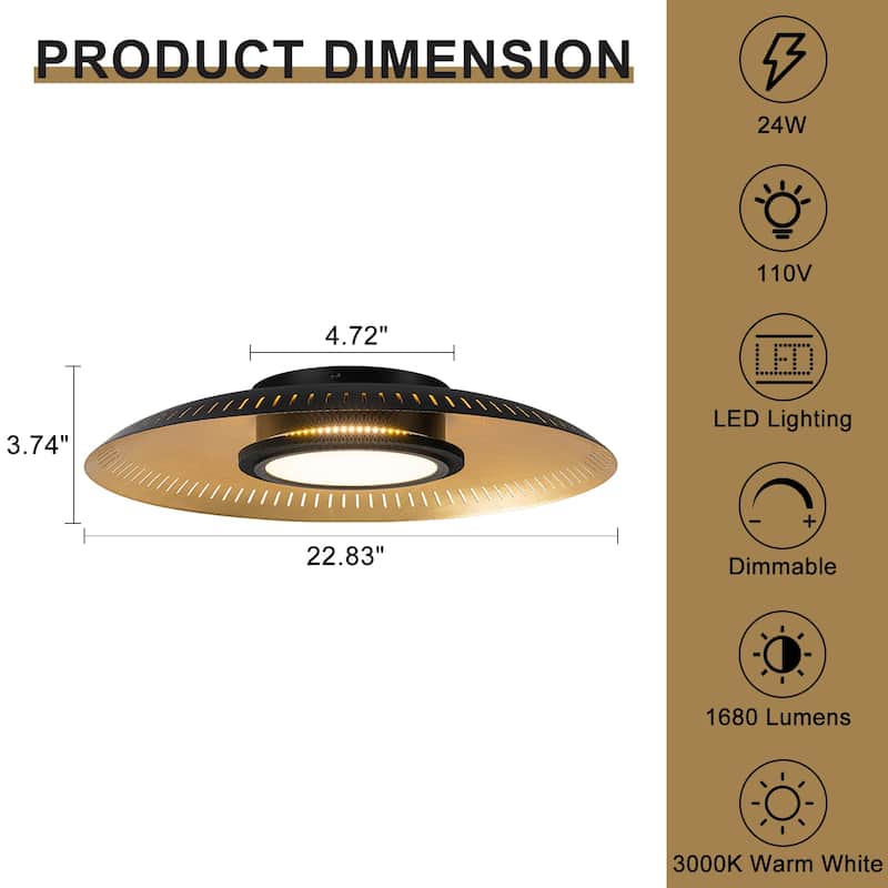 Black Iron LED Flush Mount Ceiling Light with Gold Foil Interior - Dia.22.83-in