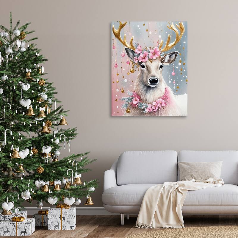 Stupell Pink Floral Festive Reindeer Canvas Wall Art Design By Tabz Jones
