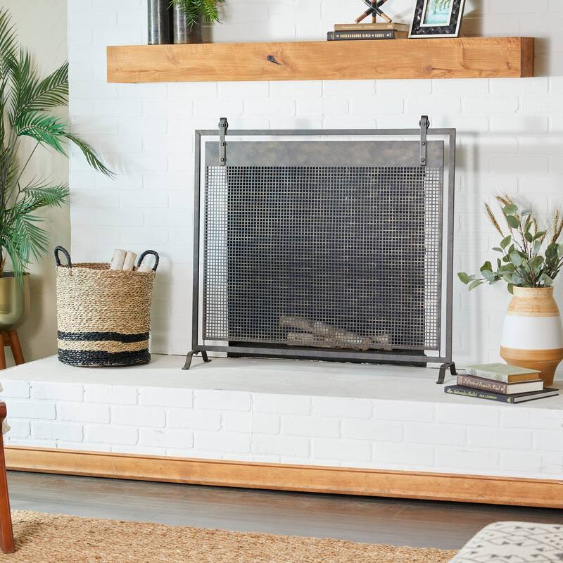 Black Metal Suspended Grid Single Panel Geometric Fireplace Screen with Bolted Detailing - Black