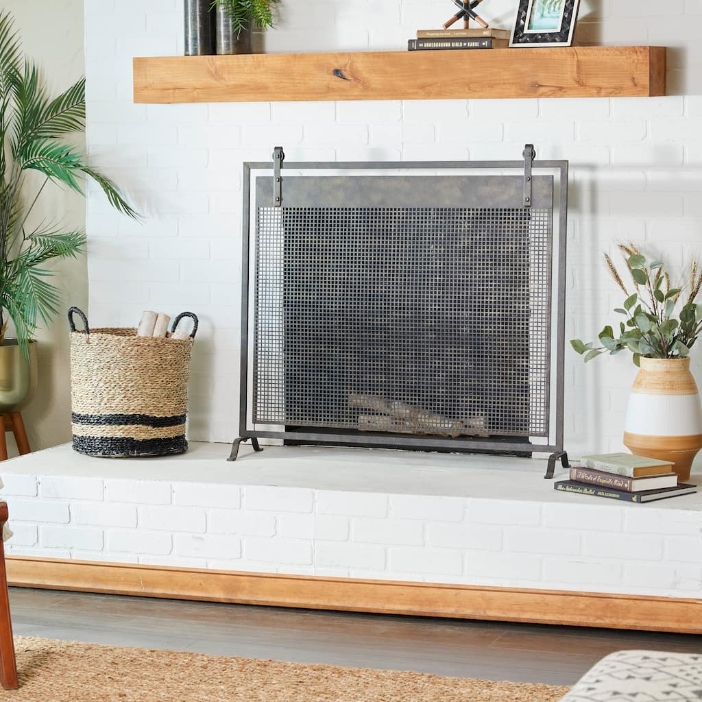 Black Metal Suspended Grid Single Panel Geometric Fireplace Screen with Bolted Detailing