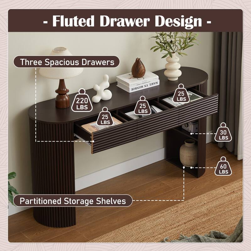Retro Console Table with Storage, 3 Drawers, 1 Table-Leg Niche, Round Slat Aesthetic, Entryway, Living Room & Hallway